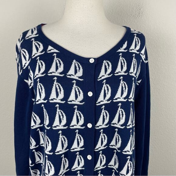 Coldwater Creek Navy White Nautical Sailboat 8 Button Cotton Cardigan 2X - Picture 3 of 8